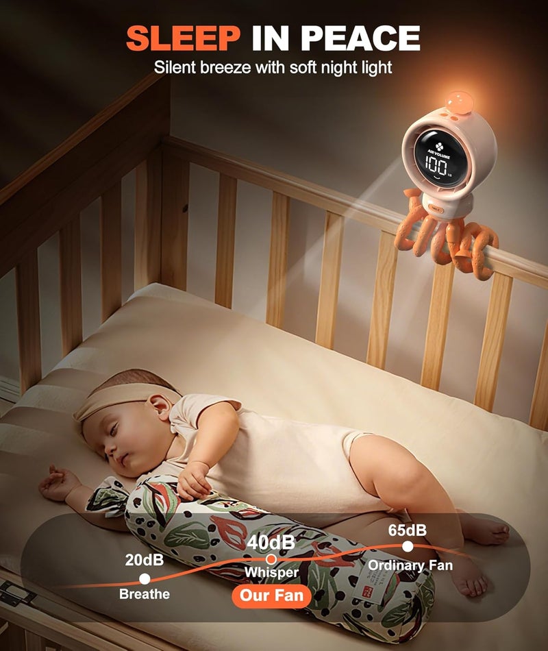 TRELC Baby Stroller Fan Large, Oscillating Turbo Portable Desk Fan Ultra Quiet with LED Display & Night Light, 1-100 Speeds, 3800mA Rechargeable Cooling Bladeless Fan for Office, Home, Crib (Orange) - Image 4